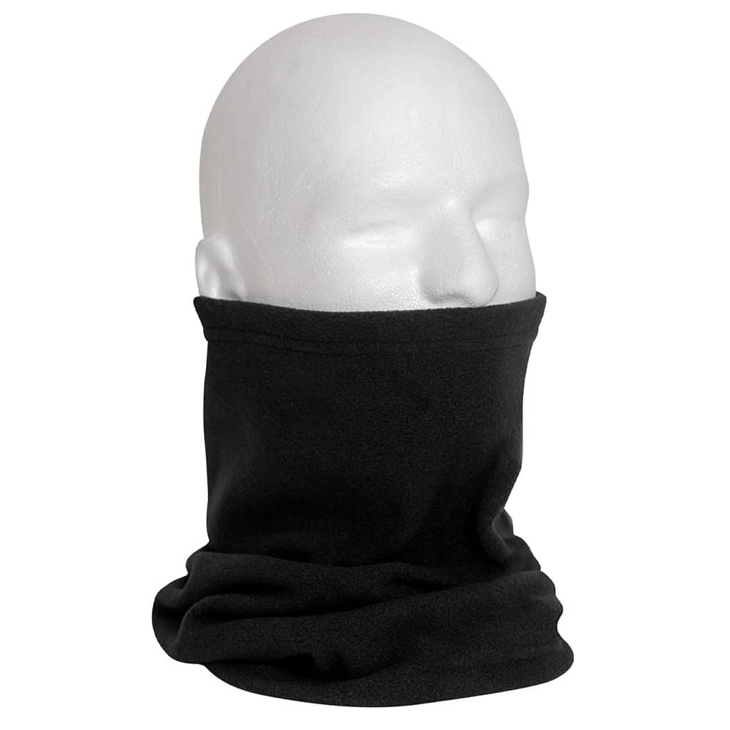 A black fleece neck gaiter or balaclava shown on a white mannequin head against a plain white background.