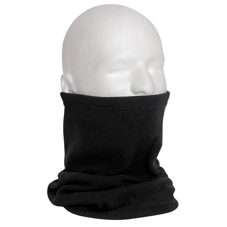 A black fleece neck gaiter or balaclava shown on a white mannequin head against a plain white background.
