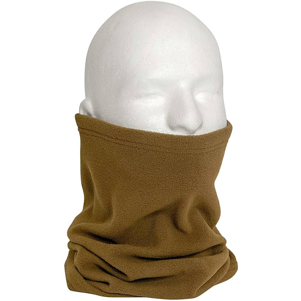 A brown fleece neck gaiter or balaclava shown on a white mannequin head against a plain white background.