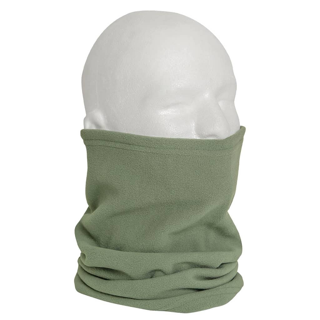 An olive green fleece neck gaiter or balaclava shown on a white mannequin head against a plain white background.