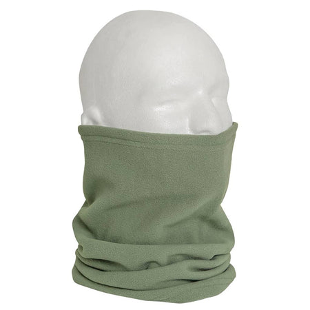 An olive green fleece neck gaiter or balaclava shown on a white mannequin head against a plain white background.