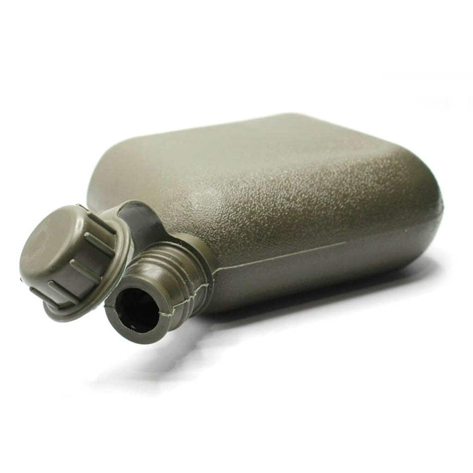 An olive green plastic water bottle with a screw-on cap, shown on a clean white background.