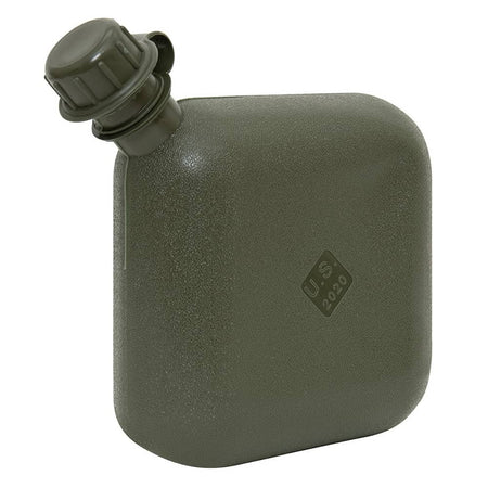 An olive drab green military canteen with a ribbed screw cap, featuring a debossed 'U.S.