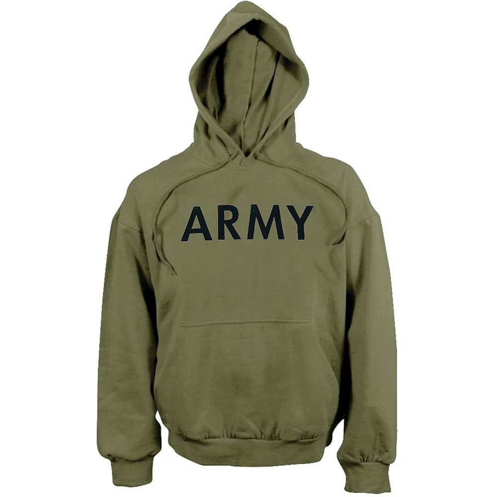 An olive green pullover hoodie with the word 'ARMY' printed in black capital letters across the chest, displayed on a solid white background.