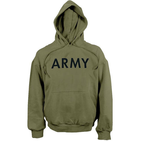 An olive green pullover hoodie with the word 'ARMY' printed in black capital letters across the chest, displayed on a solid white background.