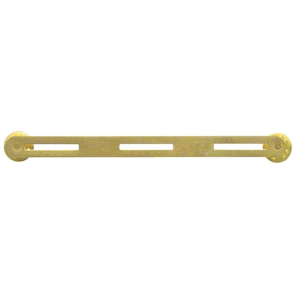 A long, slender gold-colored metal hardware bar with circular end caps and rectangular cutouts, shown horizontally on a plain white background.