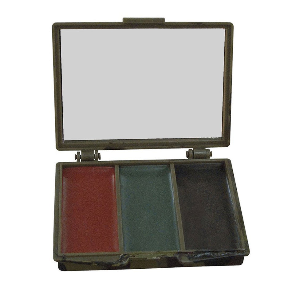 3 Color Camo Face Paint - Square Compact with three color pans in the base: red, green, and black, shown against a plain white background.