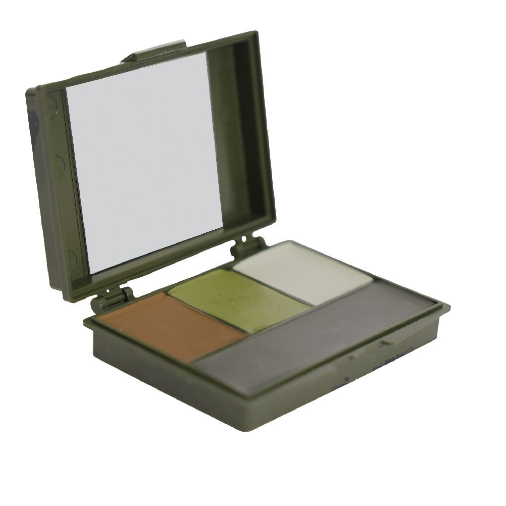 An open military-style makeup compact with a mirror in the lid and three makeup pans: a brown powder, an olive green powder, and a white powder, set against a plain white background.