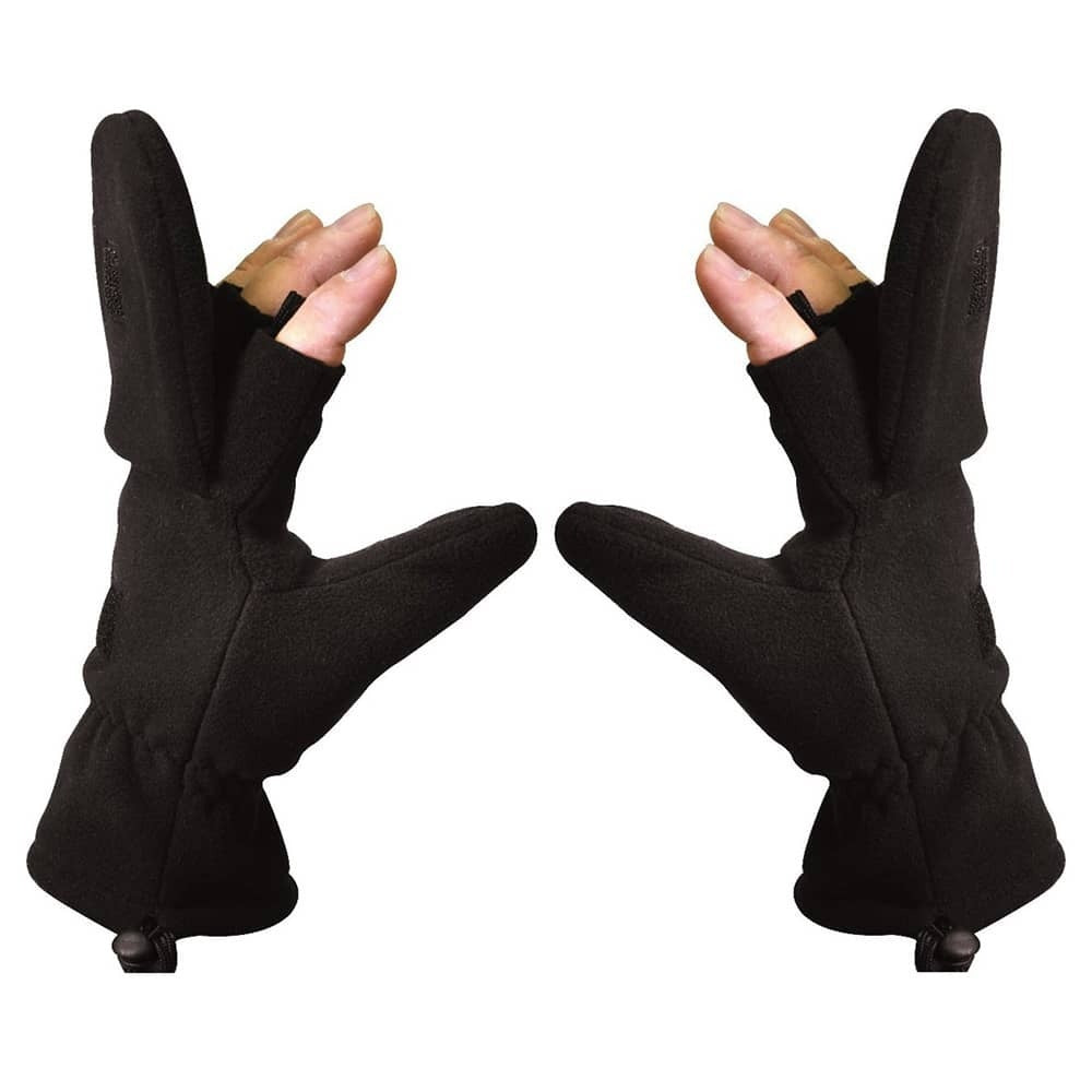 A pair of black fleece fingerless gloves shown on a white background, with the hands inside the gloves visible.