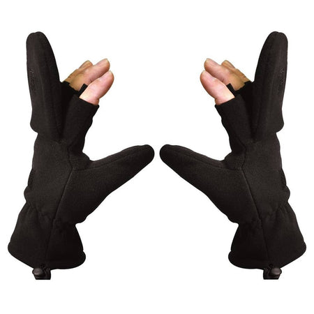 A pair of black fleece fingerless gloves shown on a white background, with the hands inside the gloves visible.