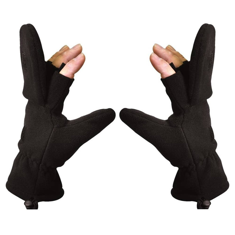A pair of black fleece fingerless gloves shown on a white background, with the hands inside the gloves visible.