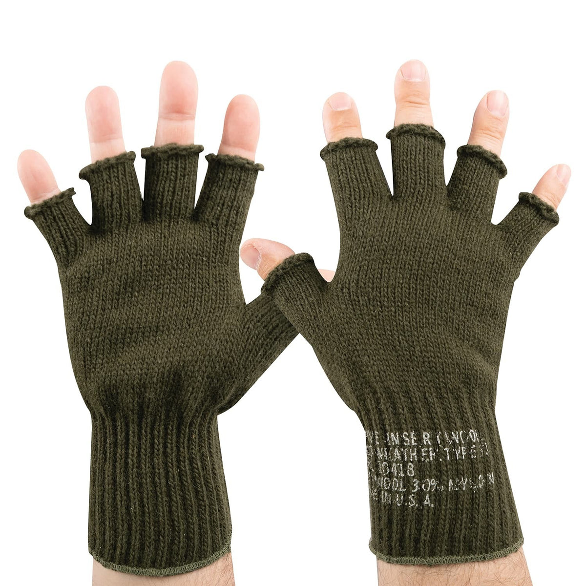 A pair of olive green fingerless knit gloves worn on hands, shown against a plain white background. The gloves have ribbed cuffs and white printed text on the back of one glove.