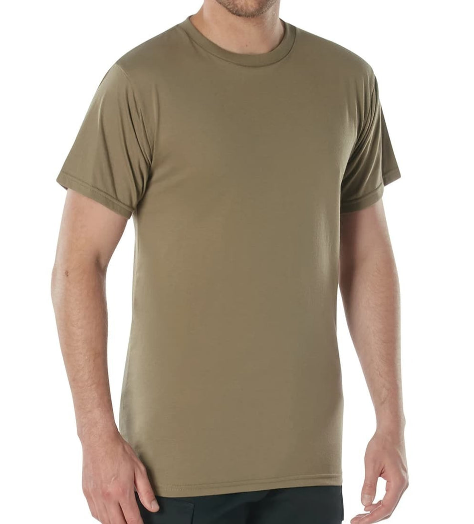 A man wearing a short-sleeve crewneck t-shirt in olive green, shown from the neck down against a plain white background.