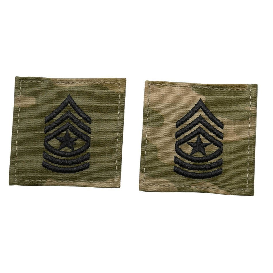 Two US Army SGM Sergeant Major Rank OCP Patches , each featuring a black embroidered chevron with a star.