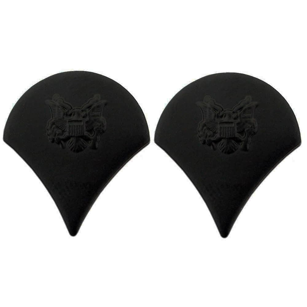 Two SPC Specialist Army Rank Pins Black Metal with an embossed eagle crest design, displayed side-by-side on a plain white background.