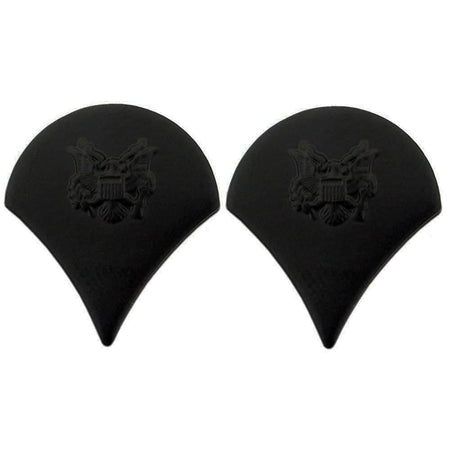 Two SPC Specialist Army Rank Pins Black Metal with an embossed eagle crest design, displayed side-by-side on a plain white background.