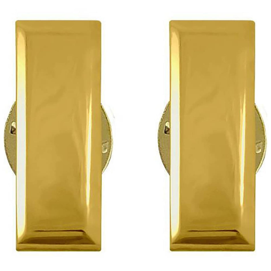 A pair of gold-toned rectangular wall hooks with a glossy, polished finish and circular backplates, shown against a plain white background.