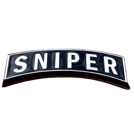 An arched black and white 'SNIPER' emblem with a glossy finish, isolated on a white background.