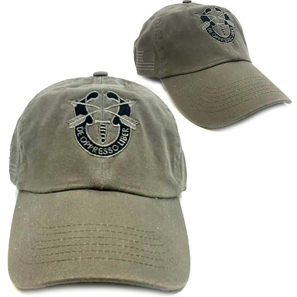 An olive drab baseball cap shown from two angles on a white background. The front view shows a dark embroidered crest with crossed rifles and the words 'DE OPPRESSO LIBER'.