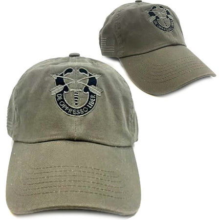 An olive drab baseball cap shown from two angles on a white background. The front view shows a dark embroidered crest with crossed rifles and the words 'DE OPPRESSO LIBER'.