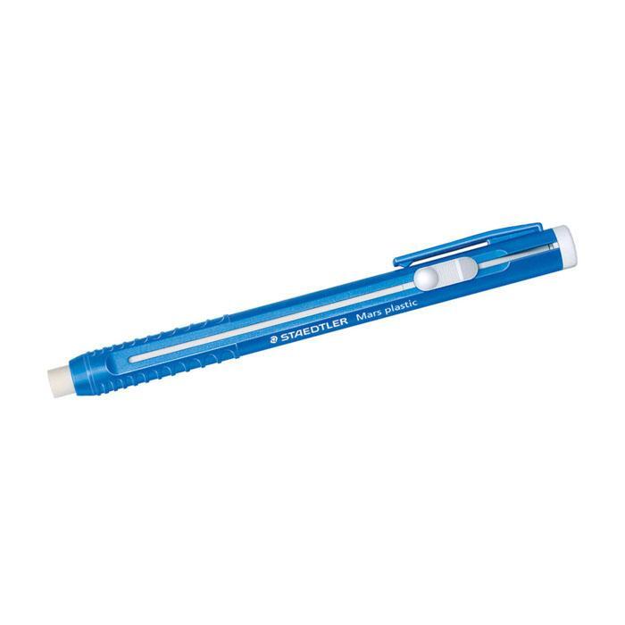 A blue Staedtler Mars plastic mechanical pencil with a white eraser and white clip, shown diagonally on a plain white background.