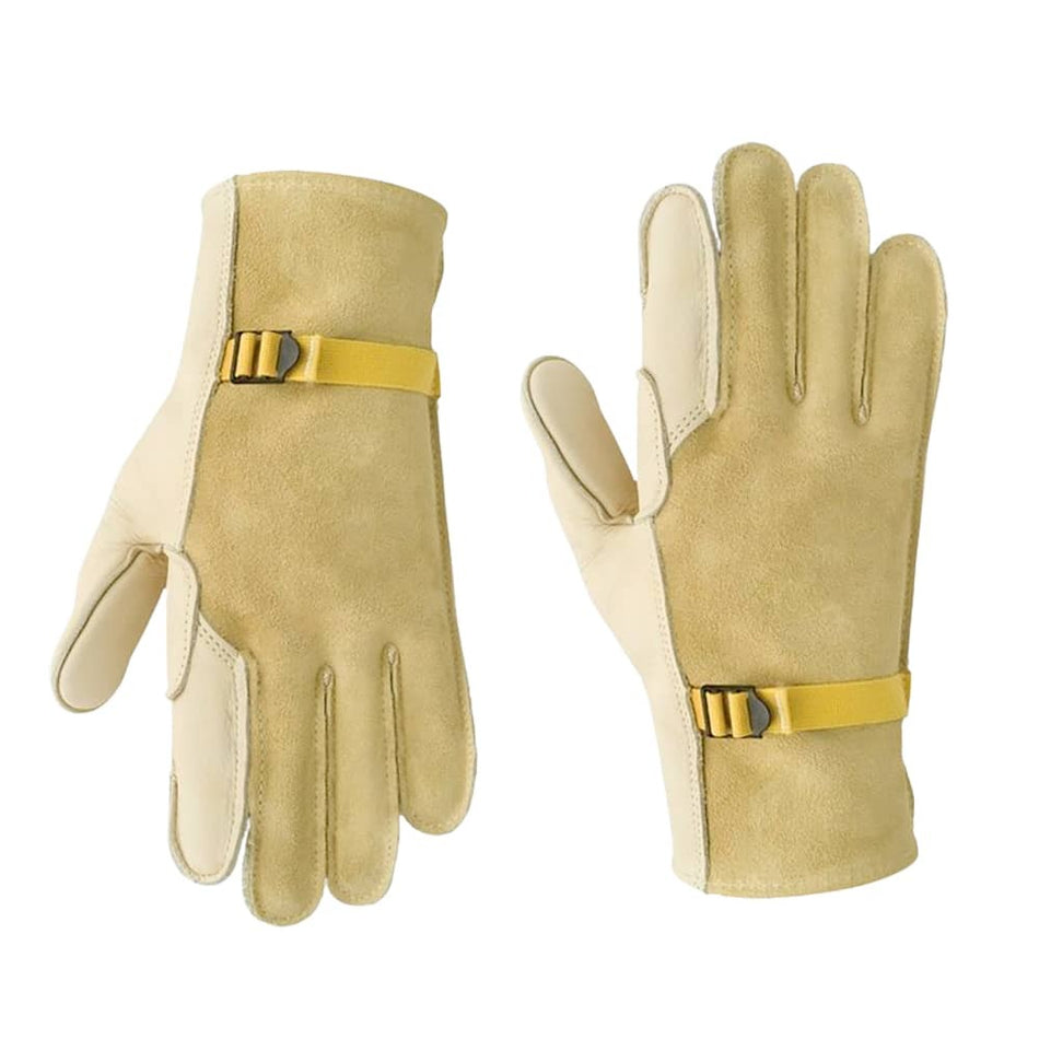 A pair of tan leather work gloves shown from both the palm and back-of-hand views, featuring a contrasting yellow wrist strap with a gold buckle.