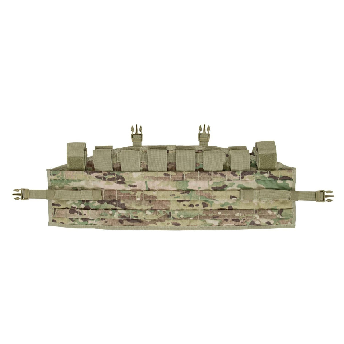 A tactical utility pouch in a Multicam camouflage pattern, featuring multiple zippered compartments and webbing straps, shown against a plain white background.