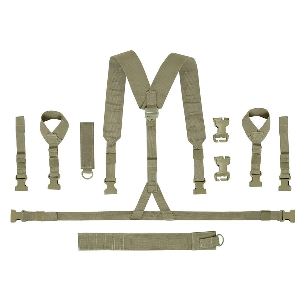 A set of tan tactical shoulder harness straps and adjustment buckles laid out flat on a white background.