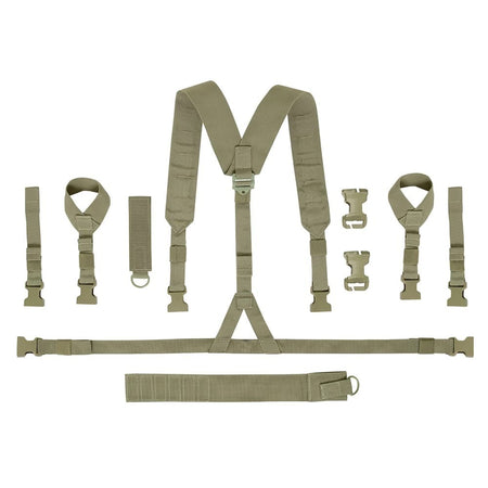 A set of tan tactical shoulder harness straps and adjustment buckles laid out flat on a white background.