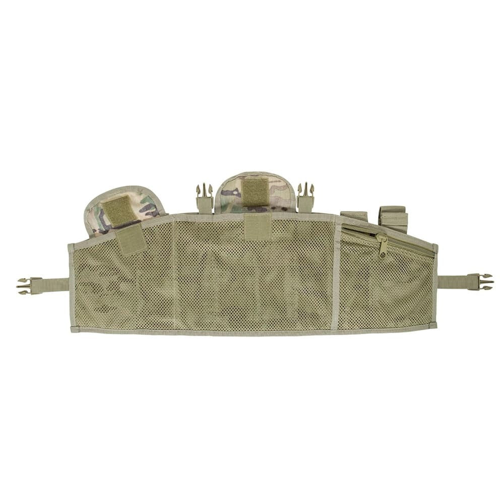 A tactical belt pouch in olive drab green mesh, featuring two camouflage-patterned pouches on top holding small accessories, shown against a plain white background.
