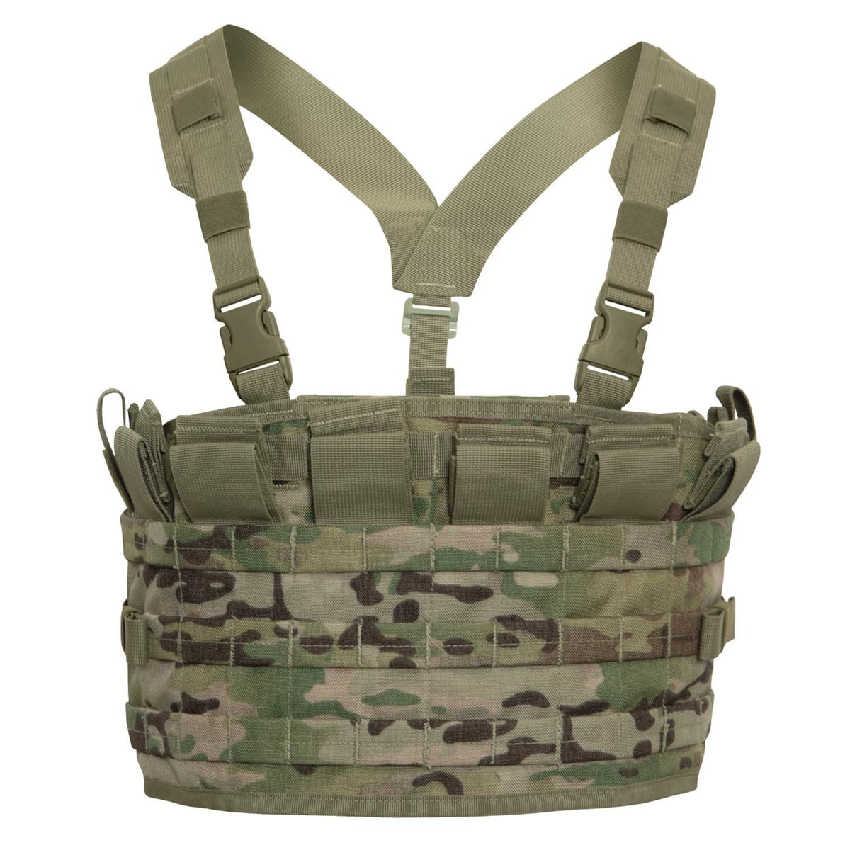 Camouflage tactical vest with multiple straps on a white background
