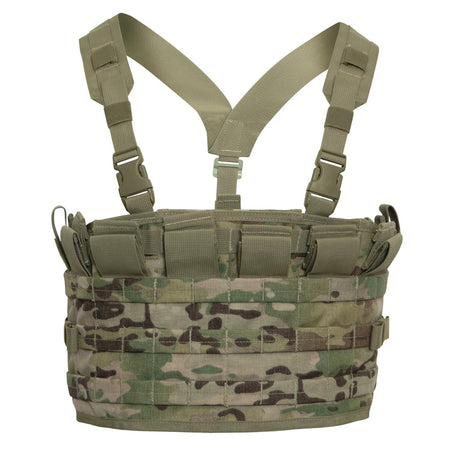 Camouflage tactical vest with multiple straps on a white background