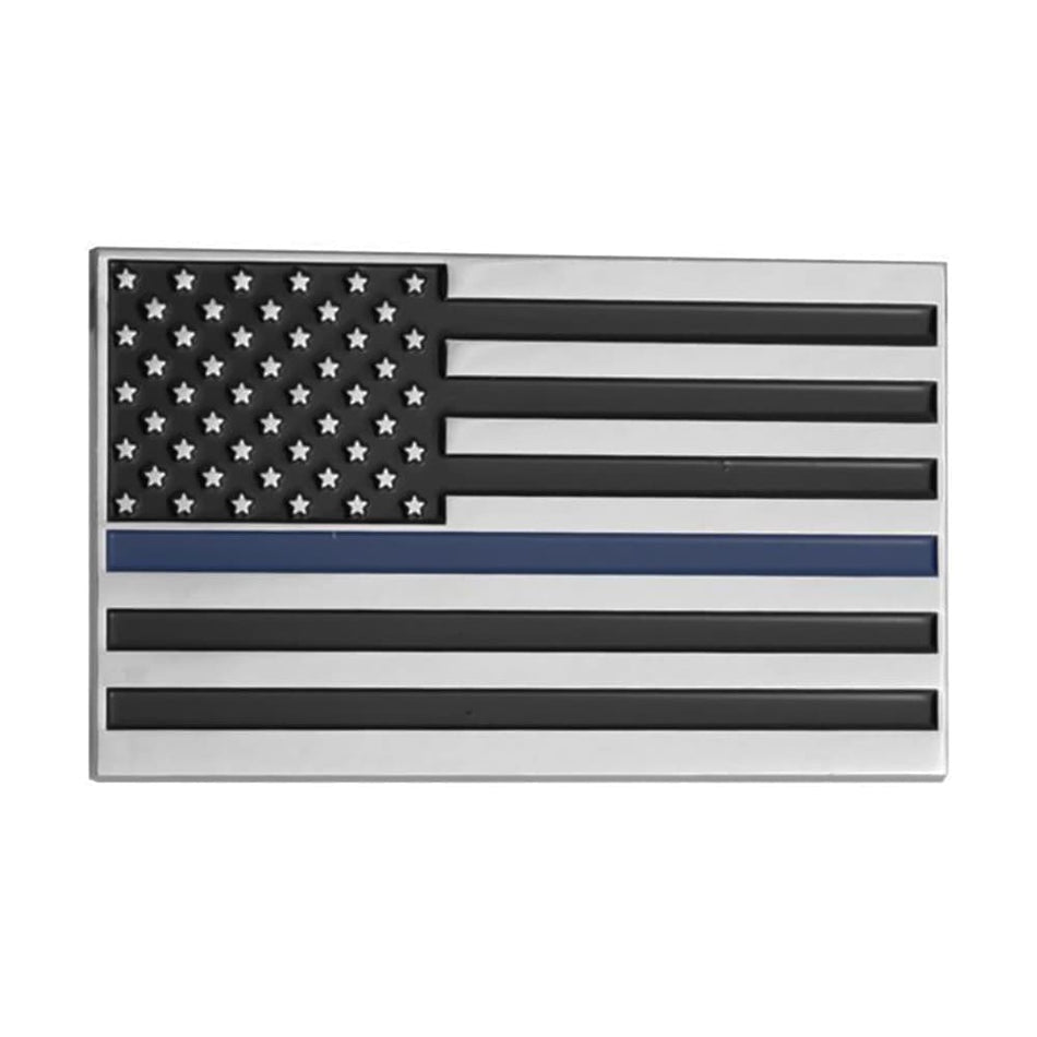 Thin Blue Line Police Flag Chrome Plated Metal Auto Emblem