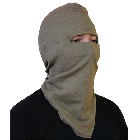 Person wearing a green balaclava on a white background