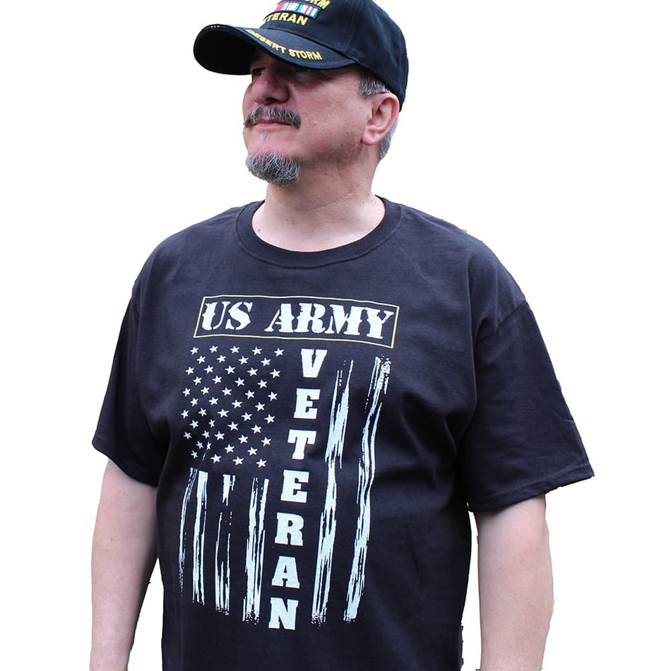 Man wearing a black 'US Army Veteran' t-shirt and cap on a white background