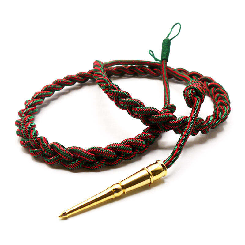 A braided cord with red and green stripes, featuring a gold metal tip and a green loop at the end, photographed on a white background.