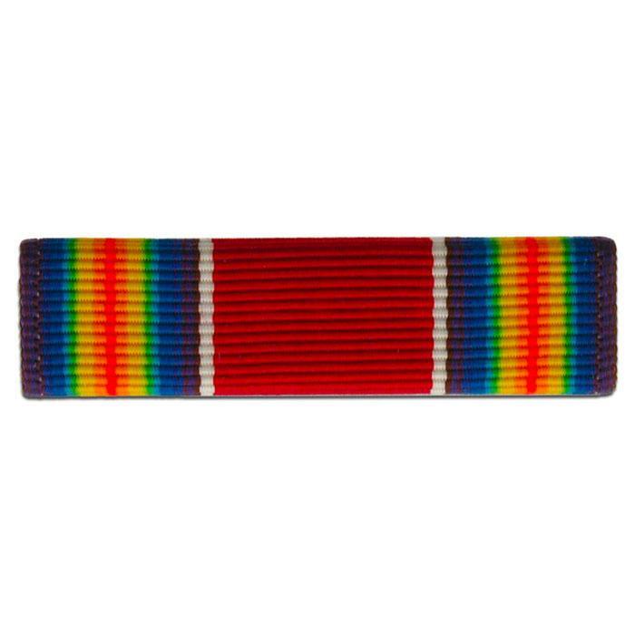 A military ribbon bar, likely the Medal of Merit, featuring a wide red center band flanked by two vertical rainbow stripes on either side, separated by thin white stripes.