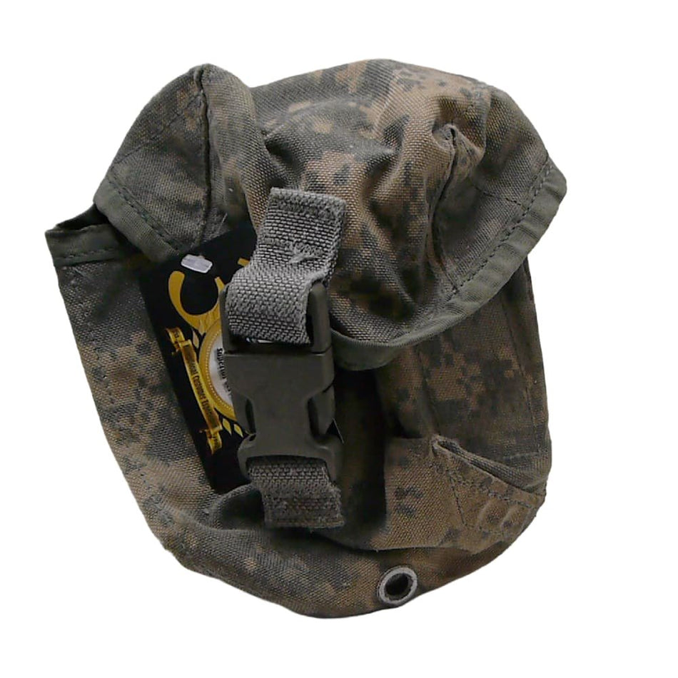 A digital camouflage utility pouch with a gray plastic buckle closure, shown on a plain white background.