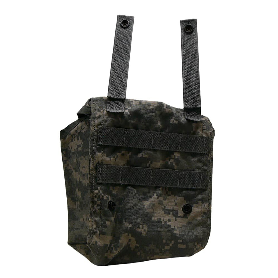 An ACU MOLLE II 200 Round Saw Pouch with two webbing straps and snap hooks, shown against a plain white background.