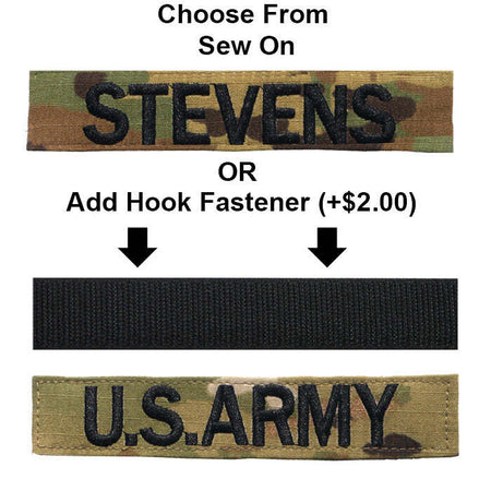 Two rectangular embroidered name tapes shown on a white background, with text indicating options: 'Choose From Sew On' above a camouflage tape reading 'STEVENS,' and 'OR Add Hook Fastener (+$2.00)' above a plain black tape.