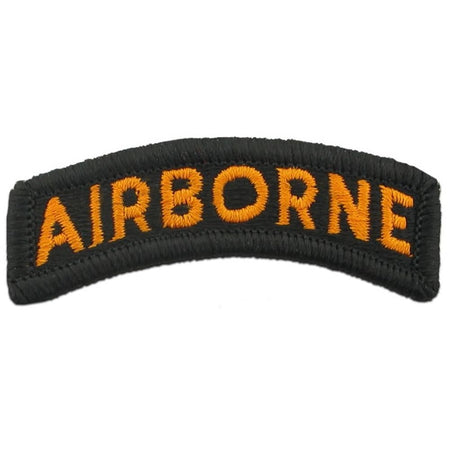 An embroidered military patch with the word 'AIRBORNE' in orange lettering on a black background, shown against a plain white background.