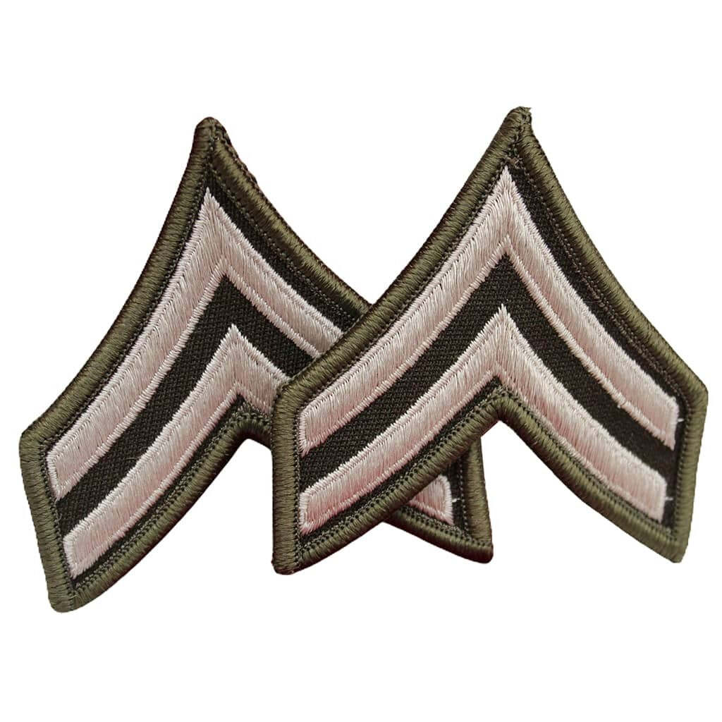 Two embroidered military rank chevrons with olive green borders, alternating stripes of olive green, light tan, and black, shown on a plain white background.