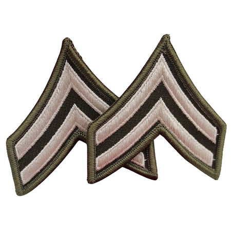 Two embroidered military rank chevrons with olive green borders, alternating stripes of olive green, light tan, and black, shown on a plain white background.
