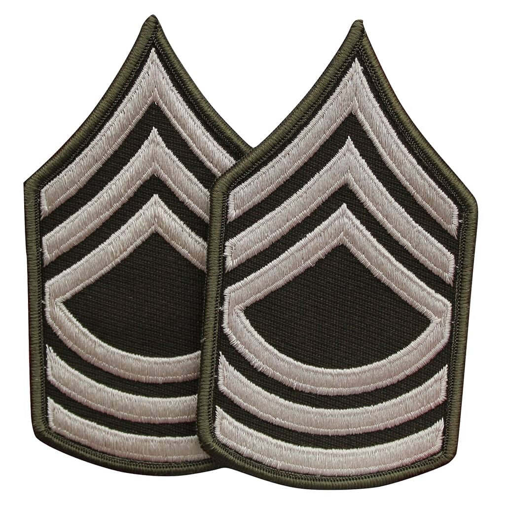 Two embroidered military rank insignia patches with chevron stripes in olive drab, black, and light beige on a white background.