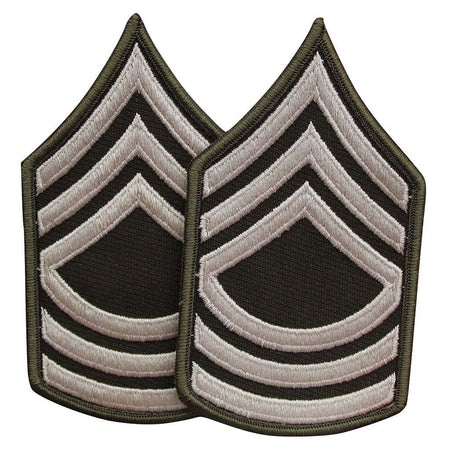 Two embroidered military rank insignia patches with chevron stripes in olive drab, black, and light beige on a white background.