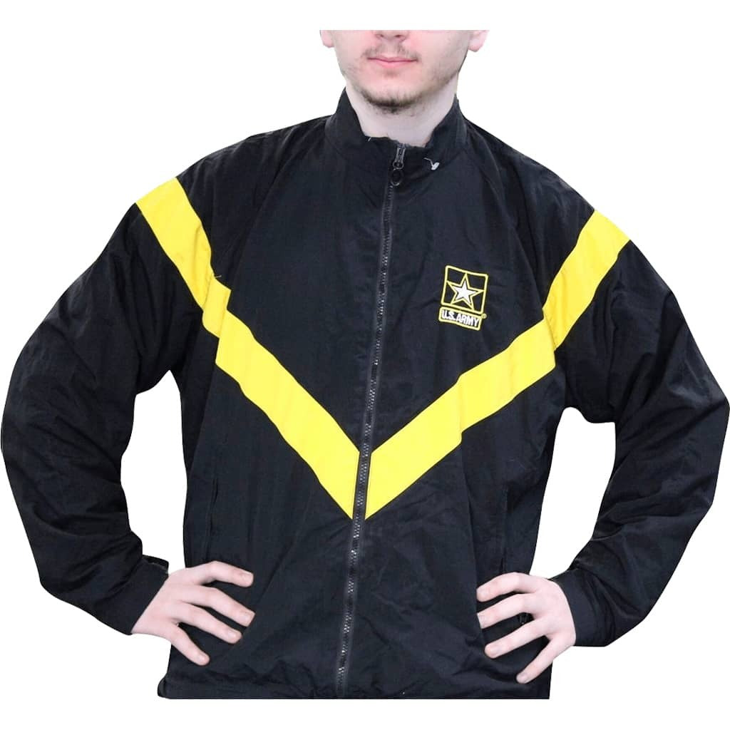 A man wearing a Army PT Jacket APFU with bold yellow V-shaped stripes on the chest and shoulders, featuring a black and yellow US Army emblem on the left chest, set against a plain white background.