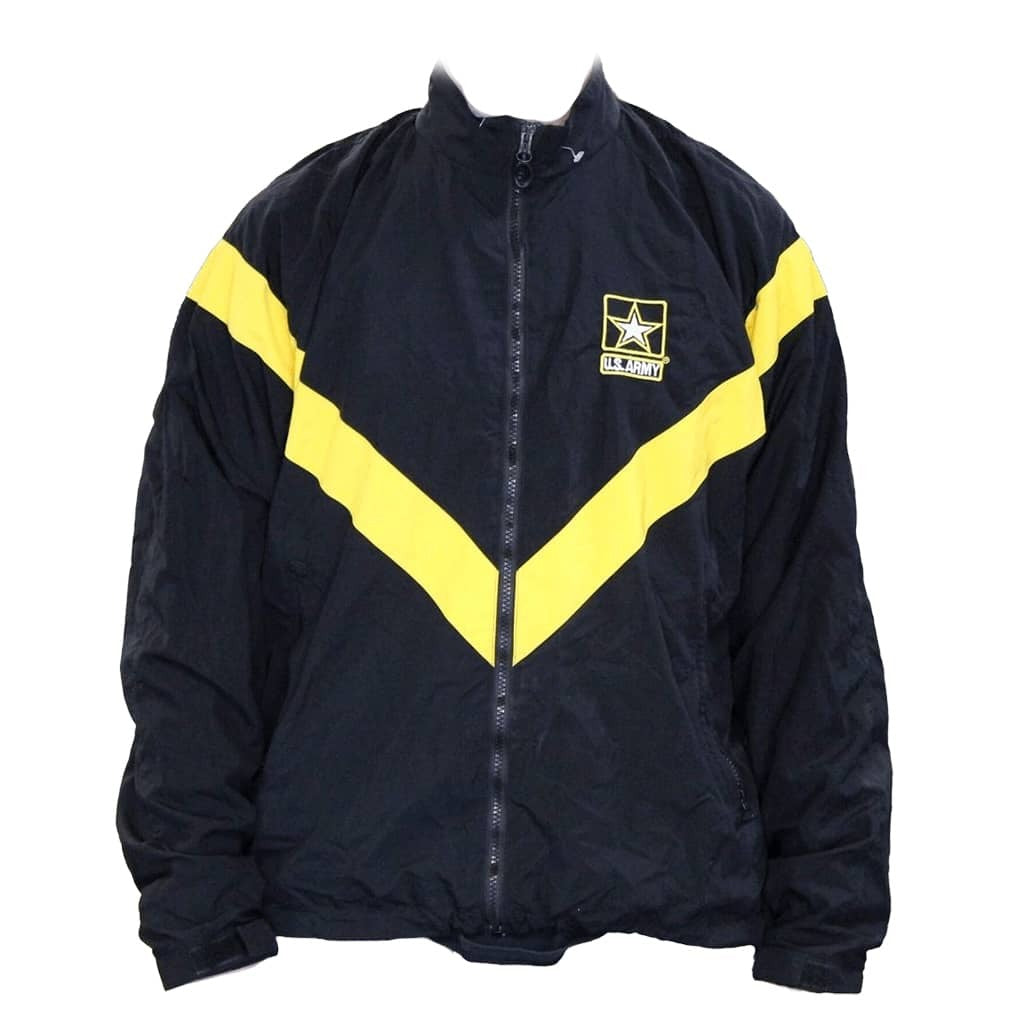 Black Army PT Jacket APFU zip-up windbreaker jacket featuring a bold yellow V-shaped stripe across the chest and shoulders, with a U.S.