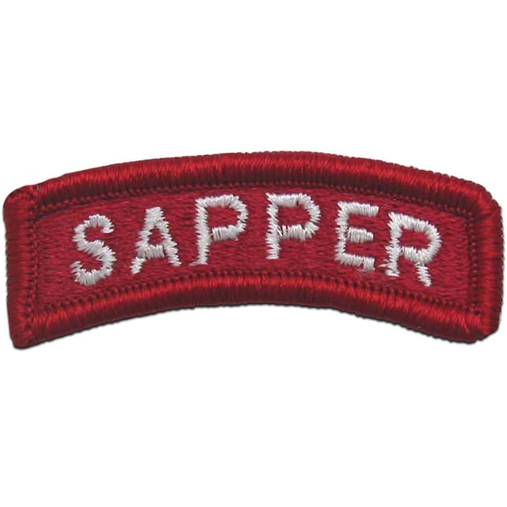 A curved red embroidered patch with the word 'SAPPER' in white capital letters on a plain white background.