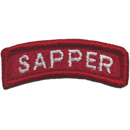 A curved red embroidered patch with the word 'SAPPER' in white capital letters on a plain white background.