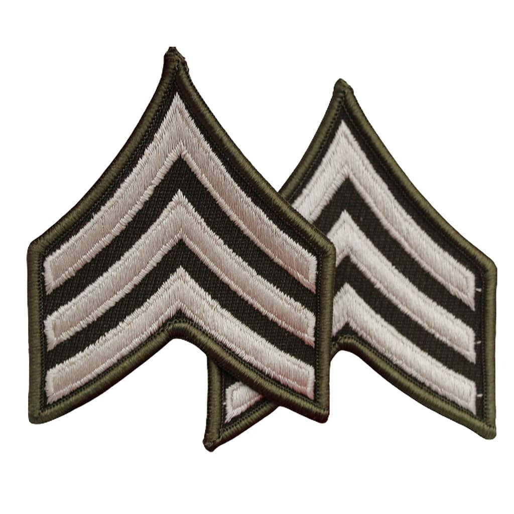 Two embroidered military rank chevrons with olive green borders, alternating black and light beige stripes, shown on a plain white background.